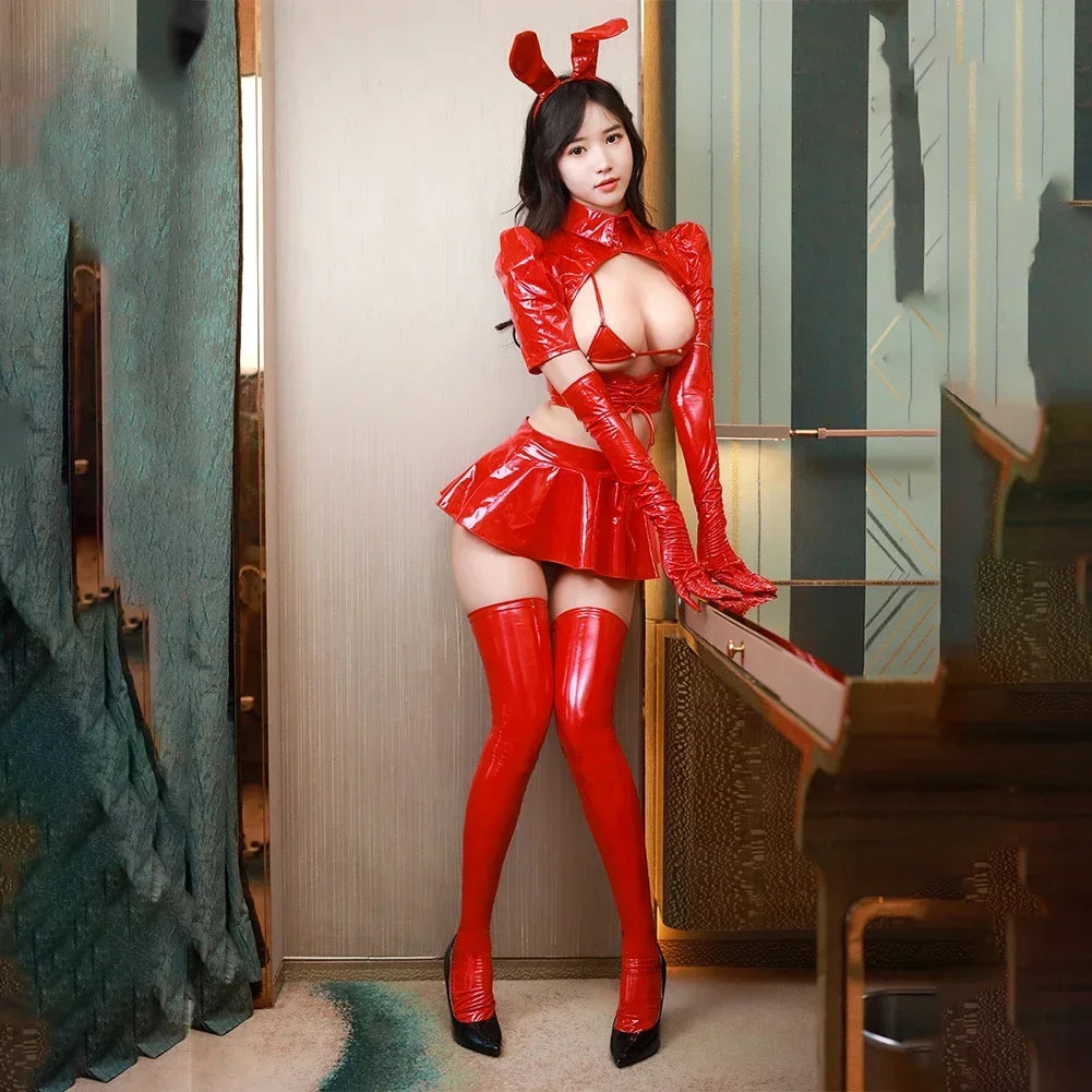 red patent leather bunny girl lingerie set with lace details and adjustable fit for ddlg abdl play