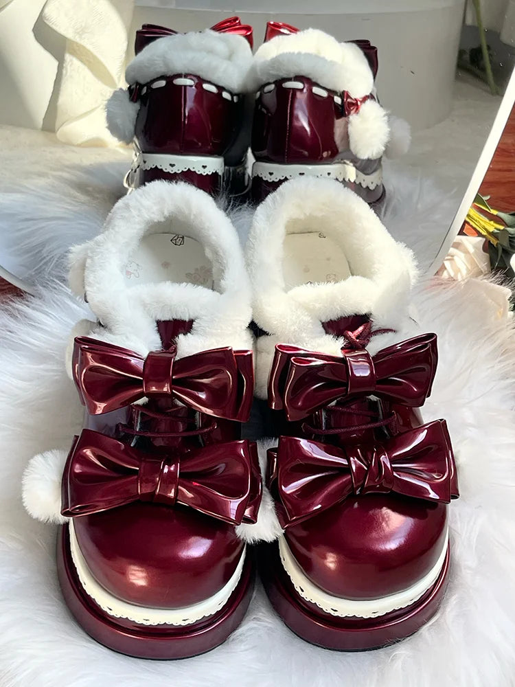 Red Pom Pom Angel Baby Platform Shoes designed with cozy fur trim and cute pom poms for trendy pastel babycore