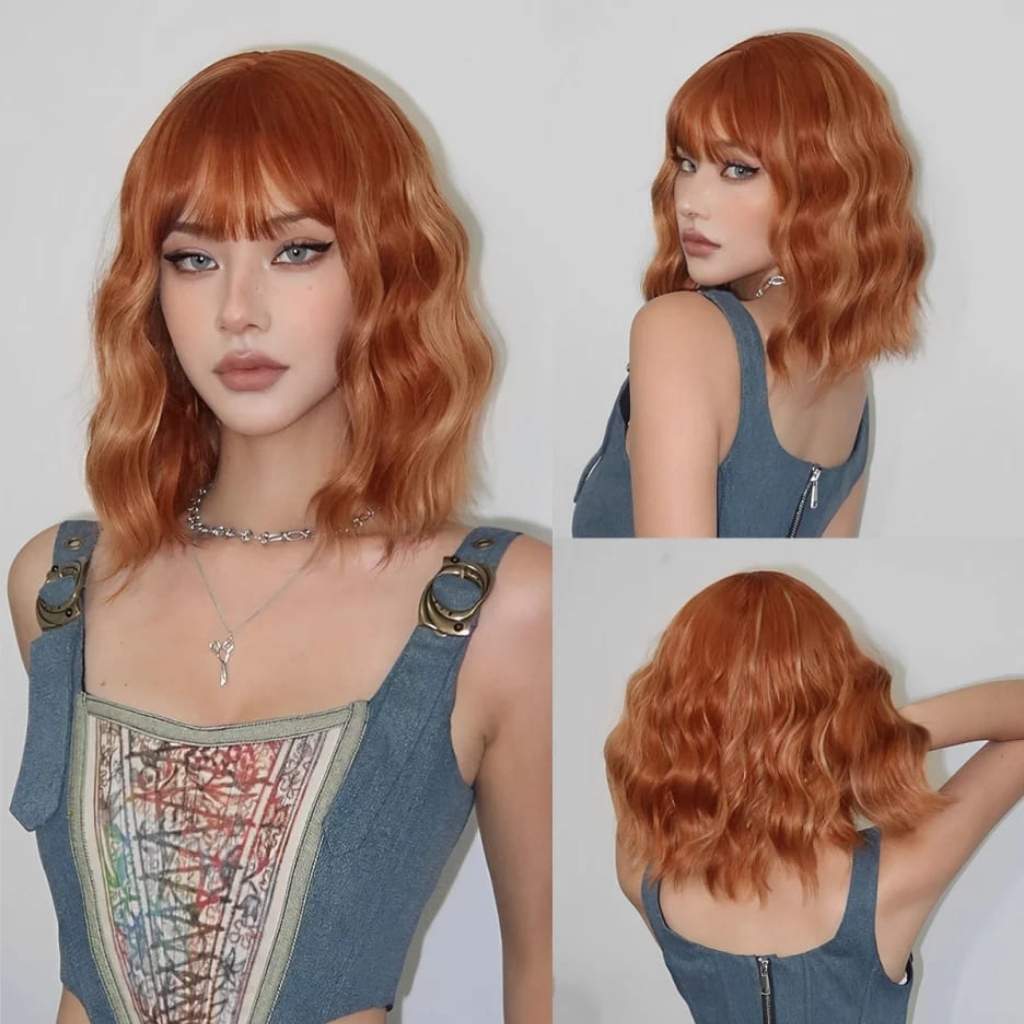 Romantic red short bob wig with fluffy curls and bangs for a spoiled, kawaii soft girl vibe