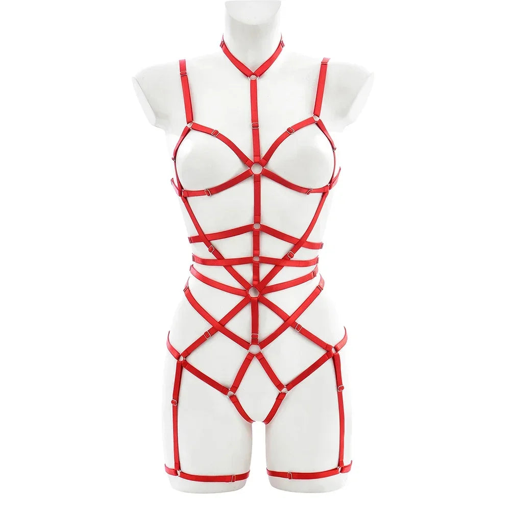 Red Strap to the Max Harness Set front view, one size fits 40–65 kg (88–143 lbs), bold cutebaddie, festival and lingerie aesthetic
