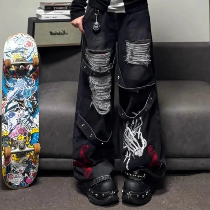 Black ripped goth baddie wide-leg denim pants with bold alternative look