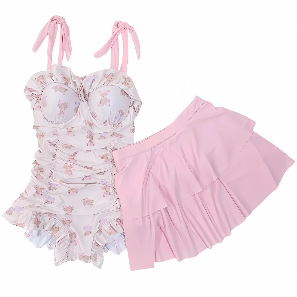 Anime cosplay swim onesie with teddy bear patchwork, ruffle accents, wire-free, stretchy spandex for comfort