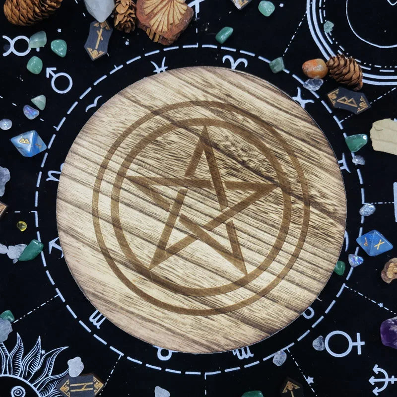 Handmade pine pentacle candle holder blending rustic charm and spiritual vibes