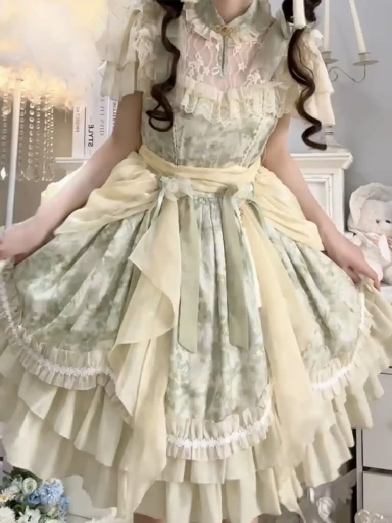 Sage cream Lolita dress with elegant Victorian puff sleeves and flowing silhouette