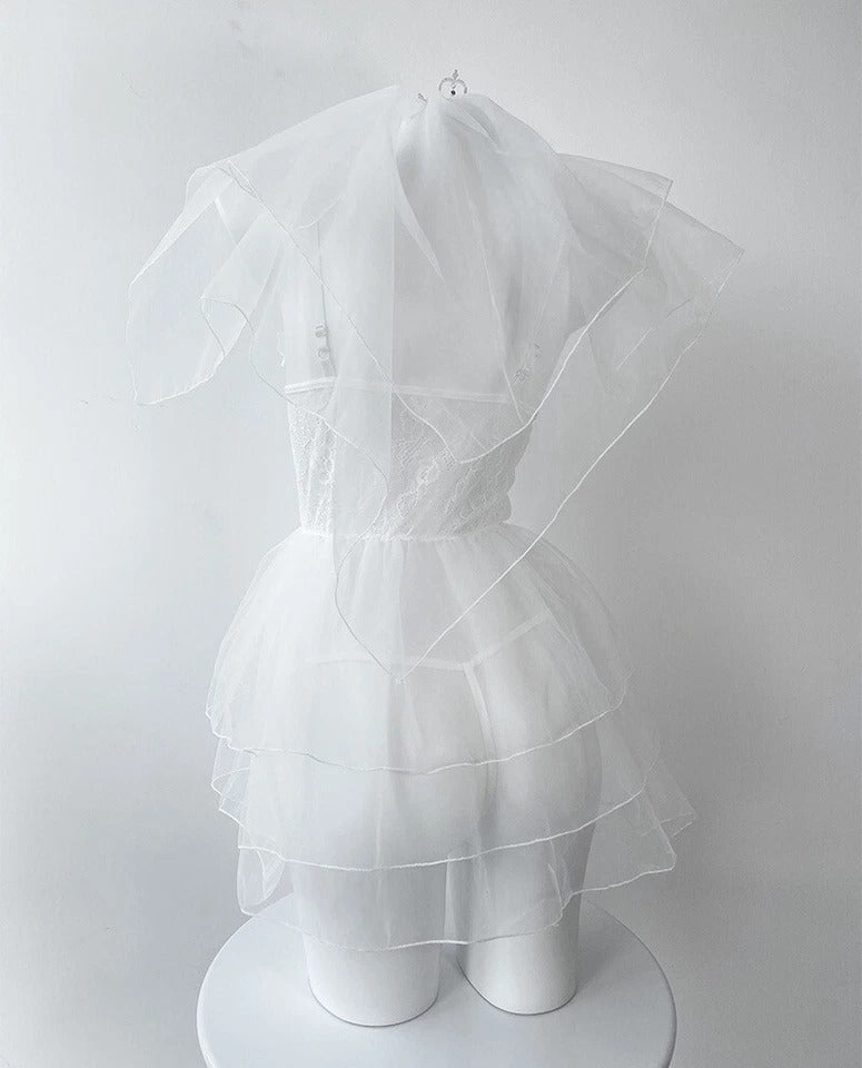 Sexy Bride of the Night babydoll cosplay lingerie set with veil, thong, and stockings romantic and dreamy style