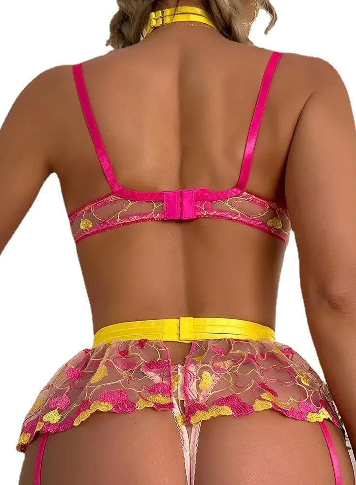 sexy bright pink and yellow lingerie set with mini skirt, thong, and bra, soft stretchy fabric for kawaii ddlg play and confidence