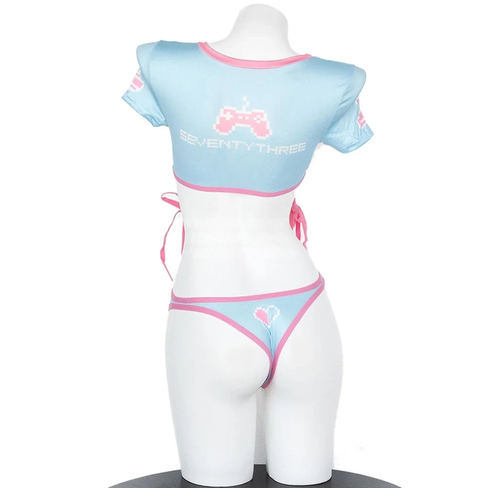 Sexy Gamer Babe cosplay outfit, form-fitting pink and blue two-piece for playful streams and roleplay