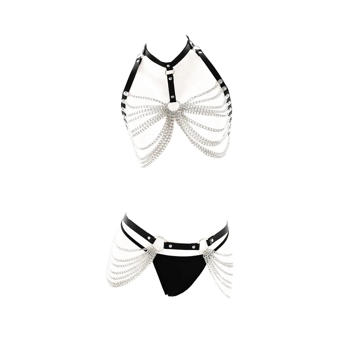 sexy chain harness styled with strappy accents for playful lingerie looks and trendy intimate fashion