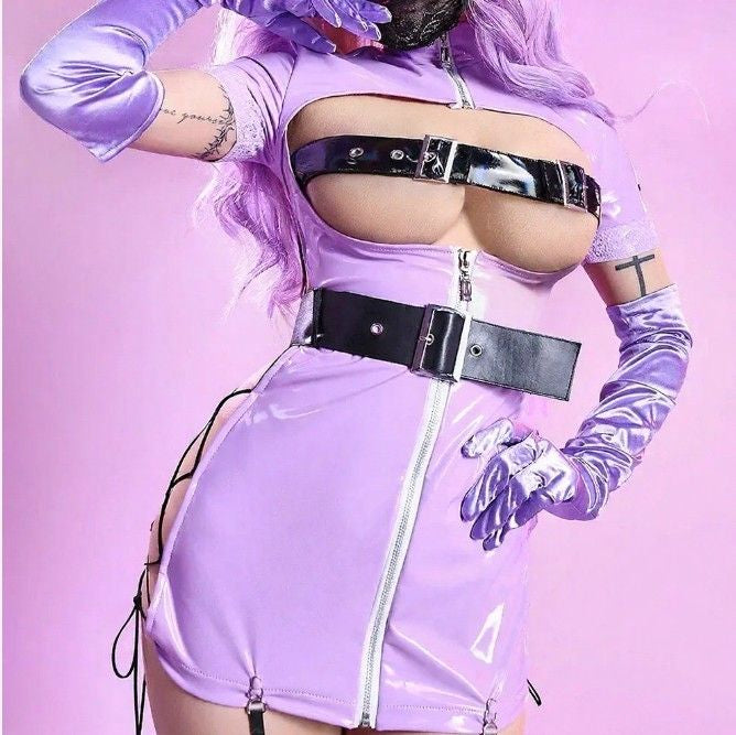 Sexy purple latex nurse set with hollow chest, lace side cutouts, adjustable belts, perfect for naughty cosplay