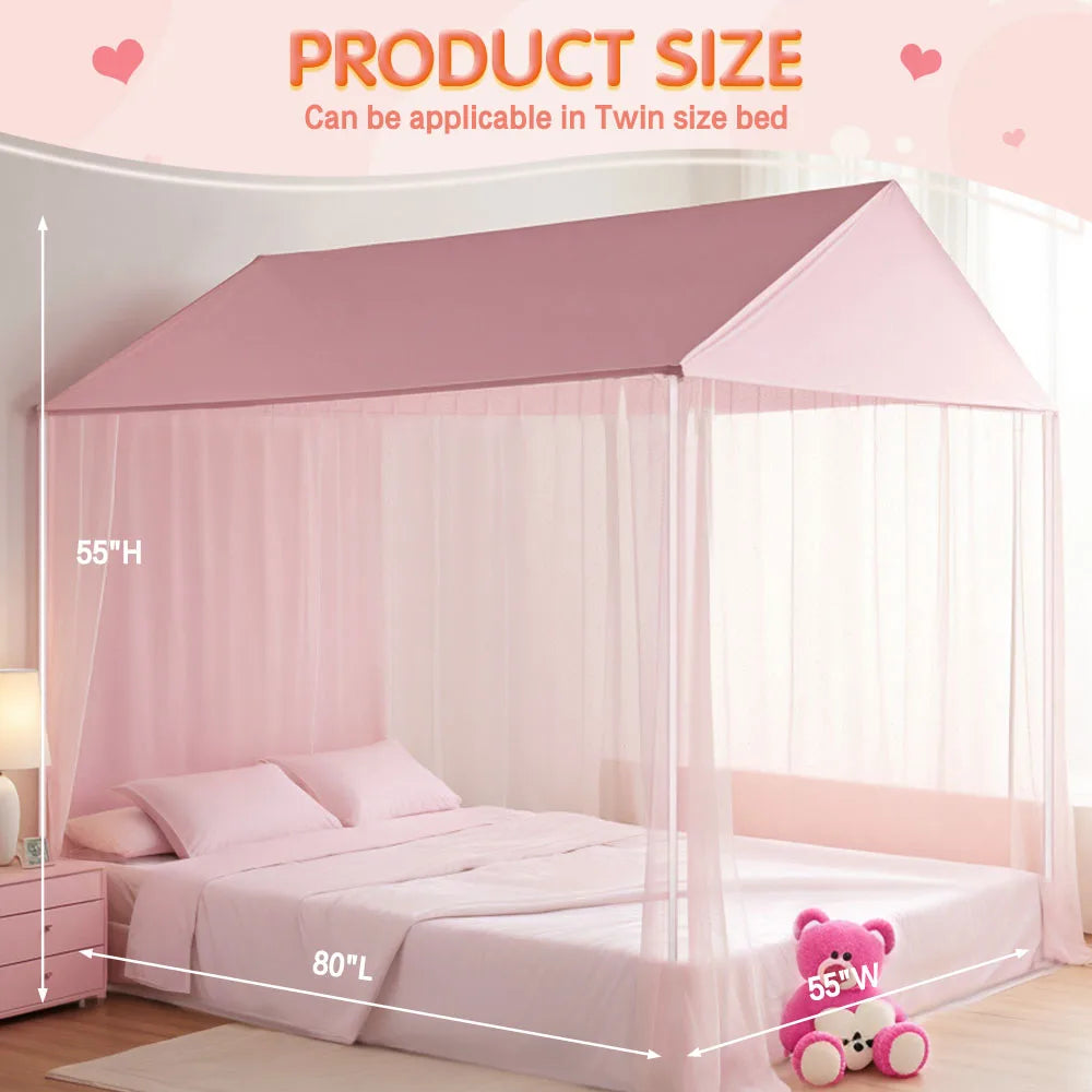 Sheer princess canopy bed curtains designed for easy hanging and removal, perfect for children’s rooms