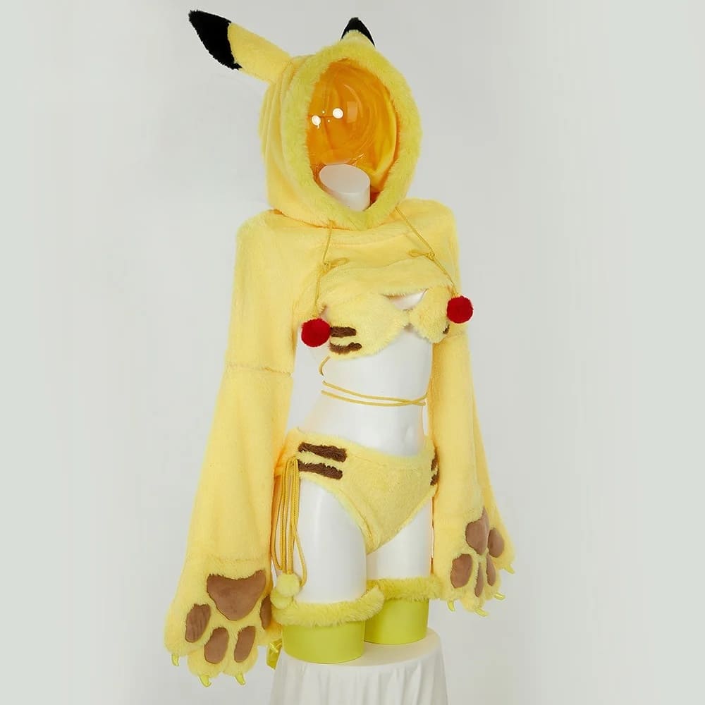 Full Shock Me Pika cosplay lingerie set with bra, panty, tail, bow clips, socks, and hoodie