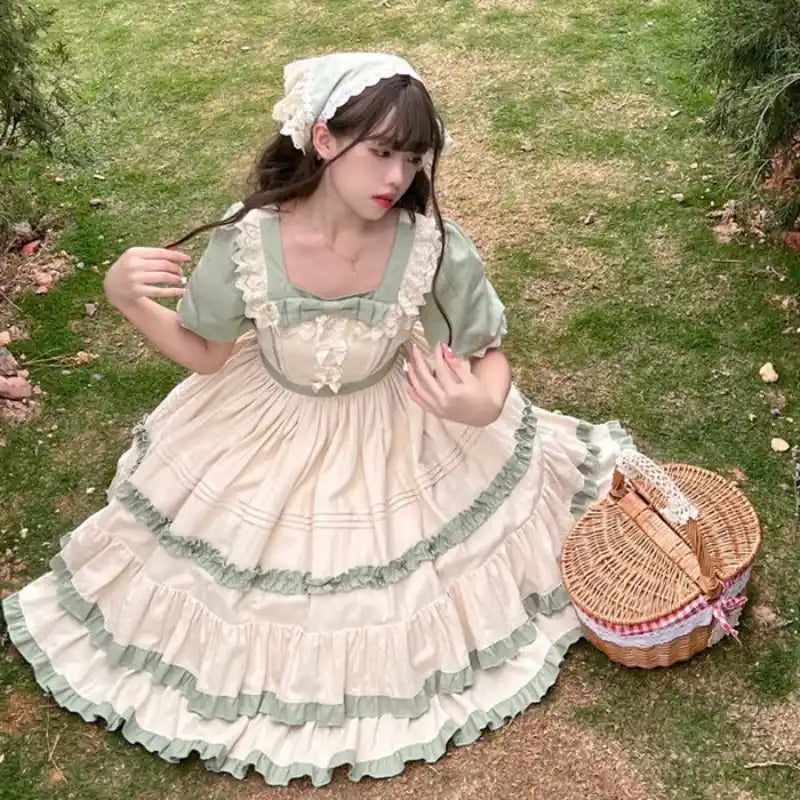 Short sleeve Lolita dress featuring prairie and cottagecore details