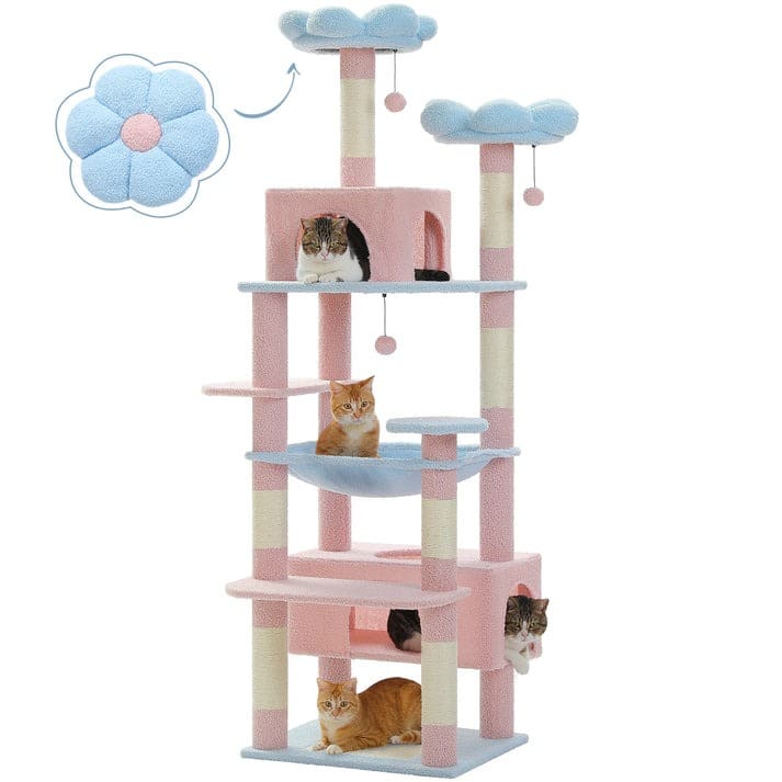 Pastel pink and blue Sky Lounge Cat Tower with sisal scratching posts and cozy perches for indoor cats.
