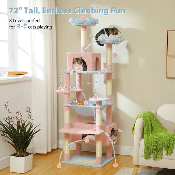 Multi-level cat tower with soft condos, hammock, and durable sisal posts in pastel pink and blue.