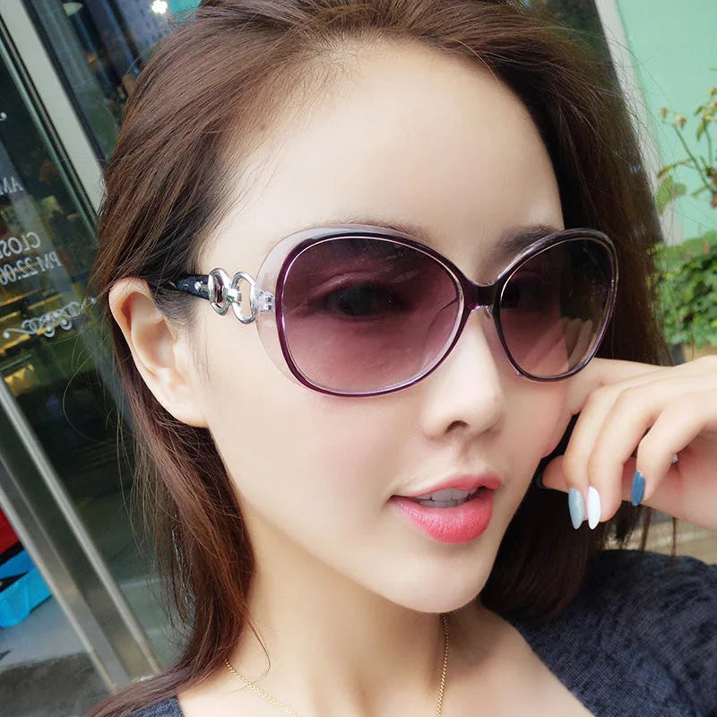 Stylish model rocking Slavic Diva Shades, purple lenses with vintage oval shape for kawaii ABDL queens