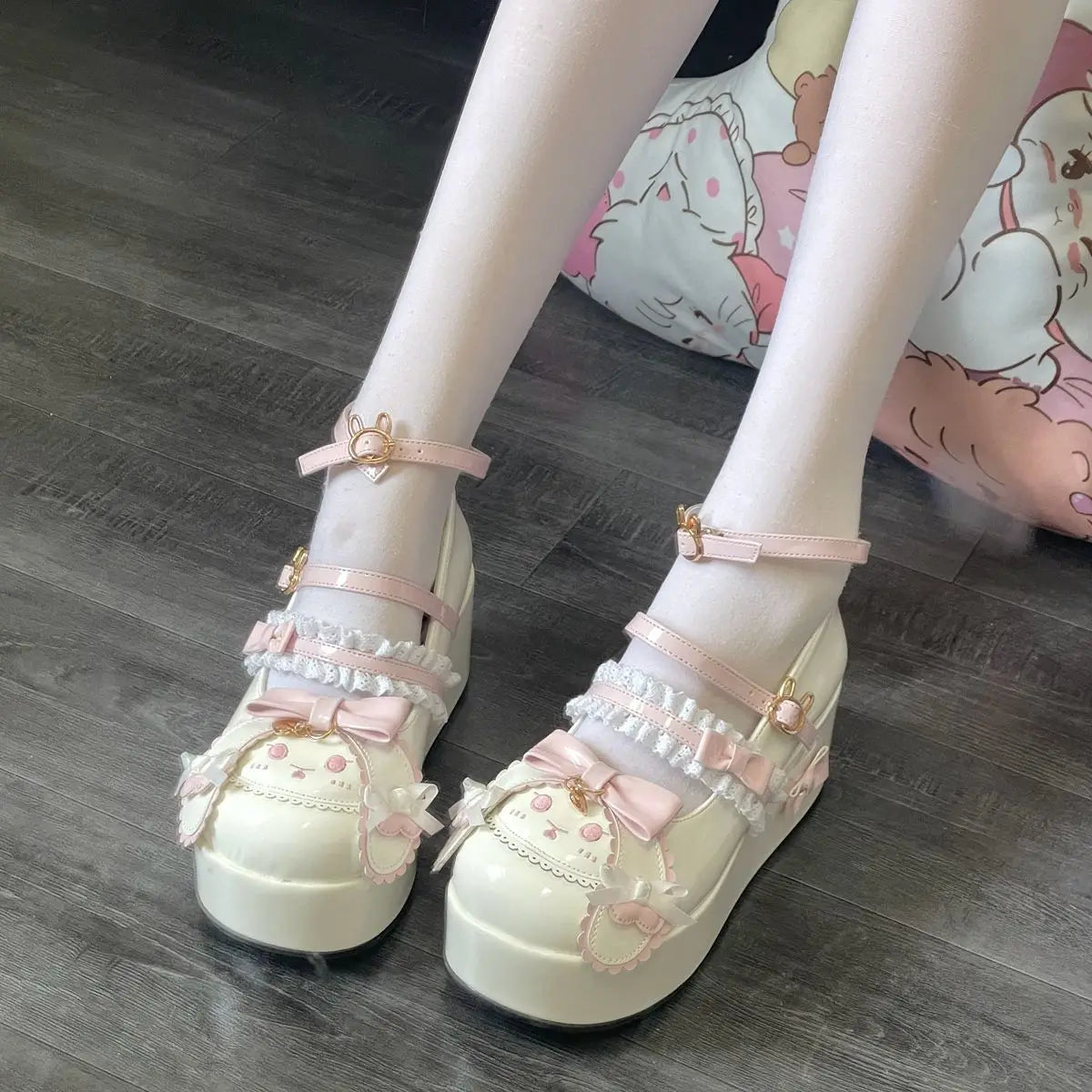 Soft Girl Bunny Platform Shoes with playful lace and bunny accents for fairycore and kawaii looks
