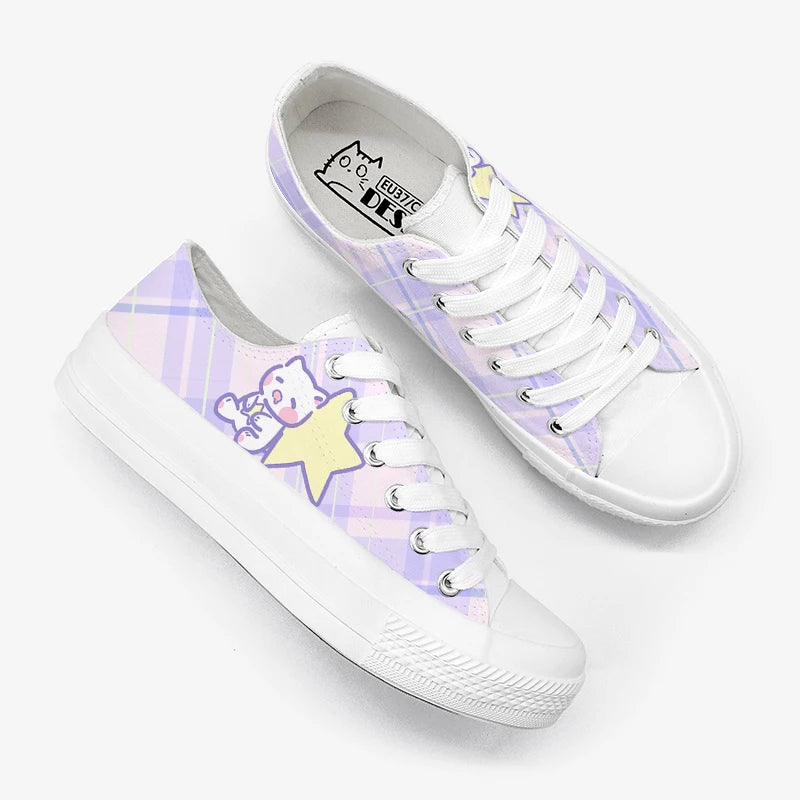 Soft Girl Cosmic Plaid Sneakers with dreamy celestial pattern and fluffy animal details for kawaii outfits