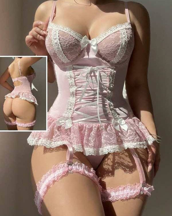 Soft Petal Pink corset lingerie bodysuit, kawaii pastelcore DDLG boudoir look
