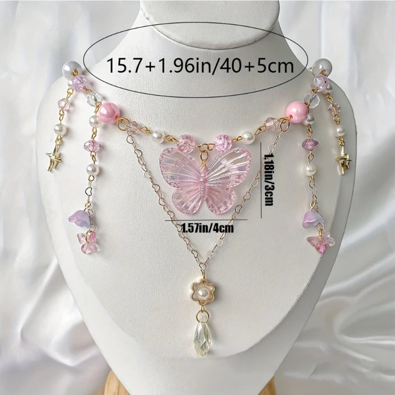Soft pink crystal butterfly necklace bringing ethereal sparkle to romantic and kawaii outfits