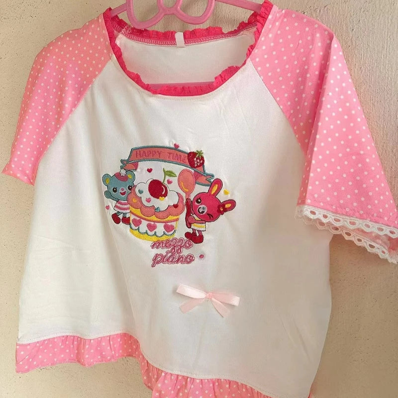 Soft pink kawaii crop top with bear and cherry design, ideal for DDLG outfits and playful, sweet styles