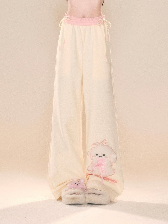 Soft Puppy Lace Wide Leg Pants with lace and puppy motif, cozy kawaii outfit for DDLG and ABDL fashion.