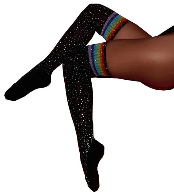 Black glitter stockings with rainbow tops, sparkling stretch fit for DDLG/ABDL style.
