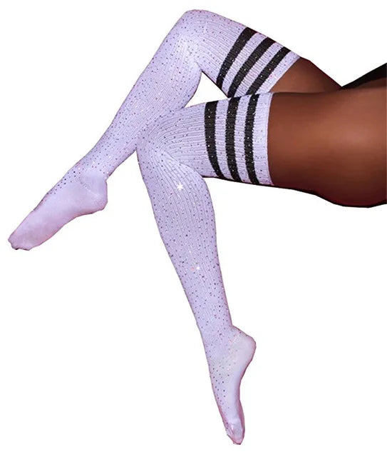 White glitter stockings with black stripes, sparkling and stretchy for kawaii DDLG/ABDL.