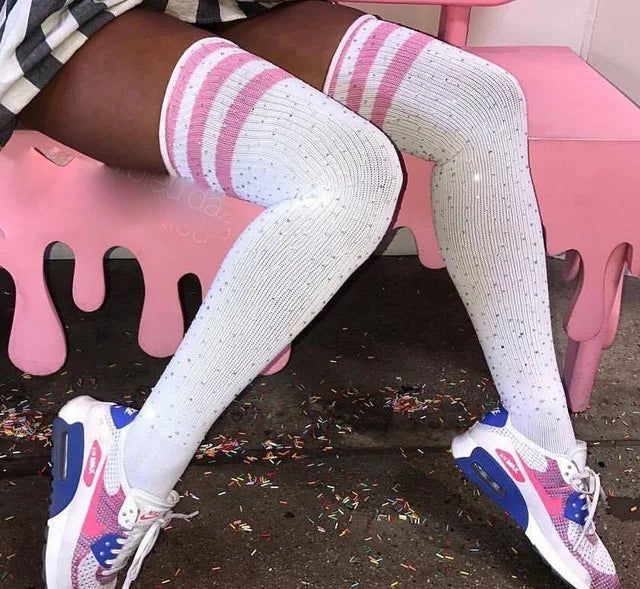White glitter stockings with pink top stripes, sparkling and comfy for DDLG/ABDL play.