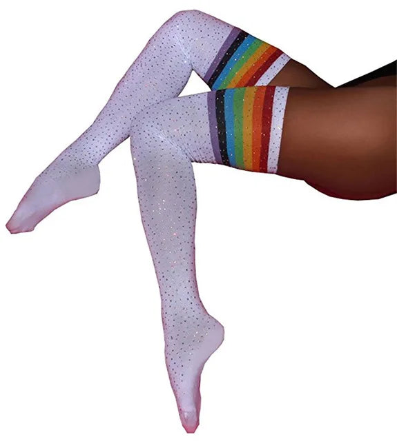 White glitter stockings with rainbow accents, dazzling and sexy for DDLG/ABDL outfits.