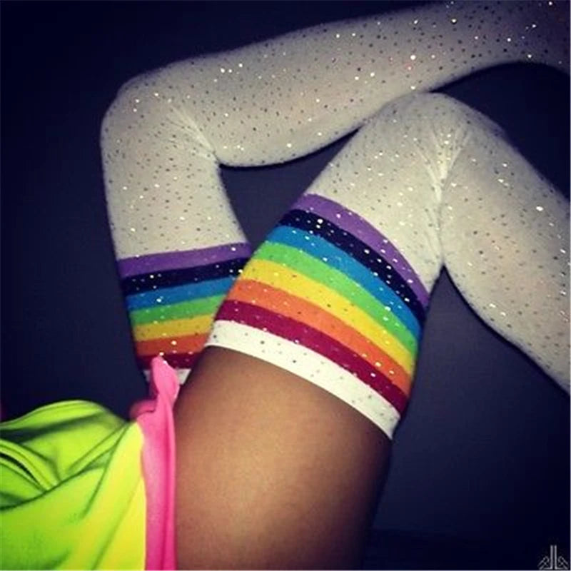 White glitter stockings with rainbow sparkle, comfy stretch fit for DDLG/ABDL kawaii fashion.
