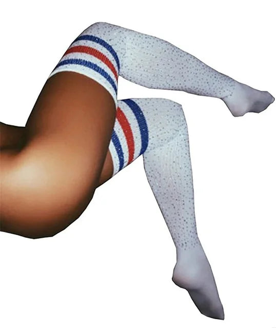 White glitter stockings with red and blue stripes at the top, sparkly DDLG/ABDL style.