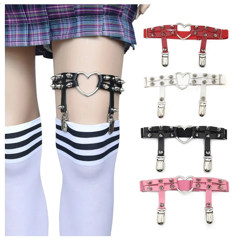 Black Spiked Rebel Heart Garter worn on leg with color variant options displayed