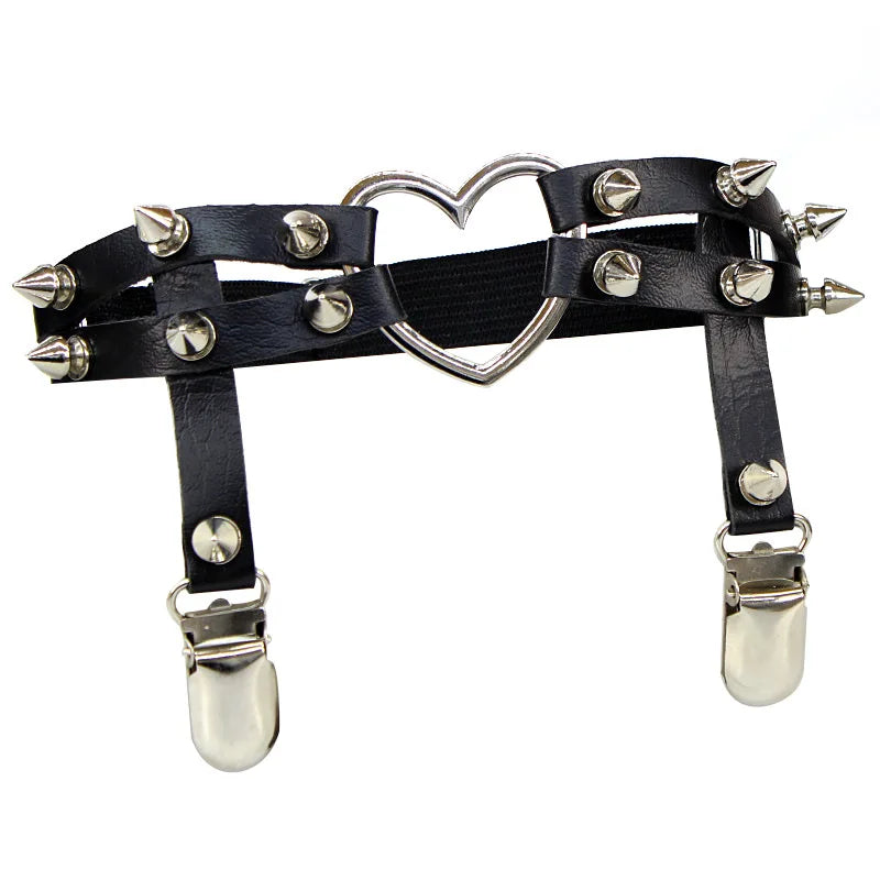 Black Spiked Rebel Heart Garter close-up showing metal heart and spike details