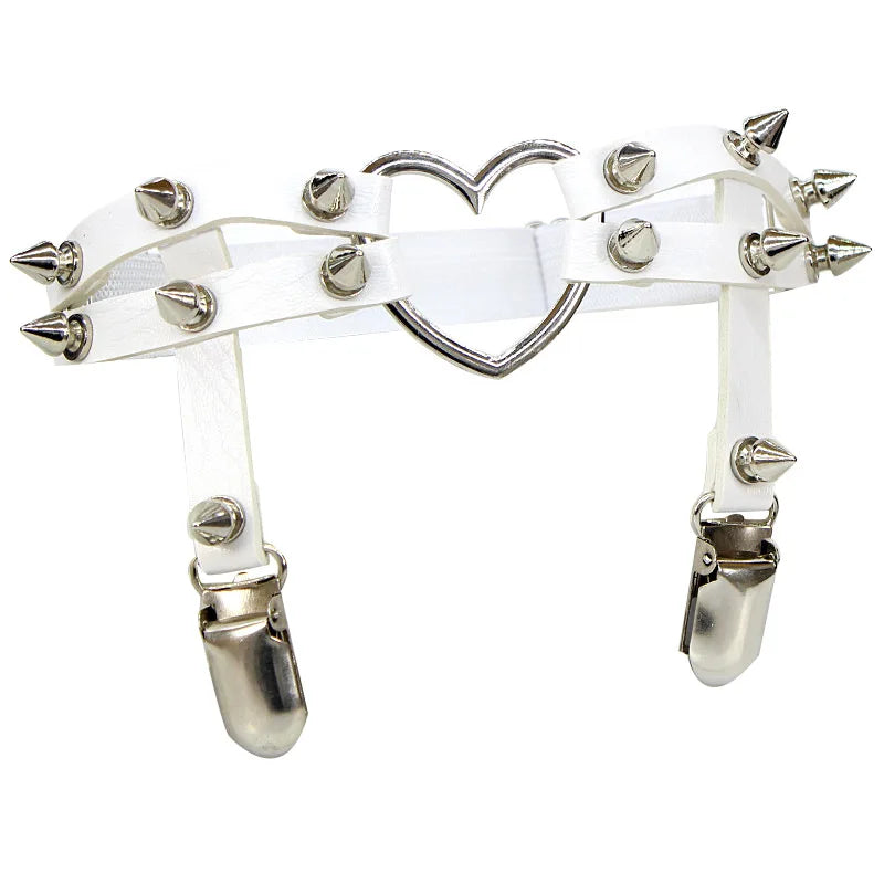 White Spiked Rebel Heart Garter shown clearly on white background with silver heart