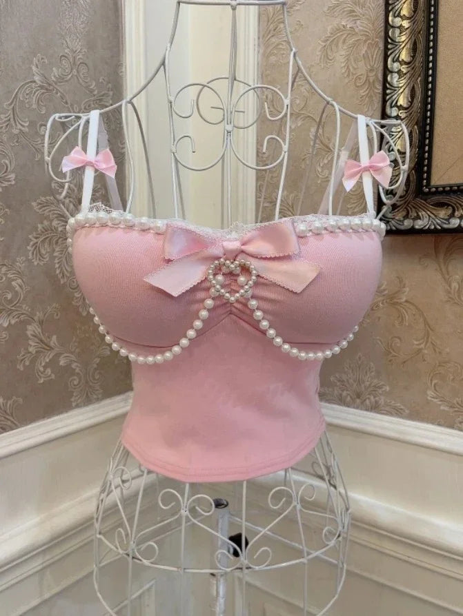 Spoiled Princess pink pearl detail tank top with playful bow and lace trim