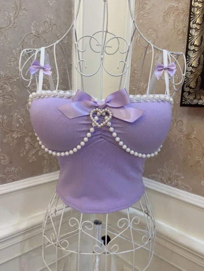 Front view of Spoiled Princess purple tank top with pearl beads and lace waves