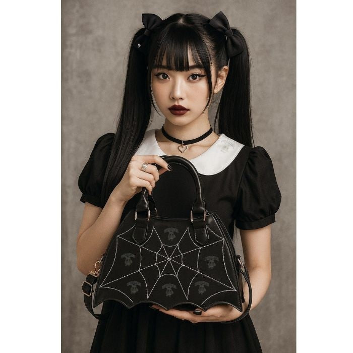 Spooky Gothic Spider Web Handbag β dark cute crossbody bag with flirty details, ideal for baddie, bratty, cutecore, and gothic princess aesthetics