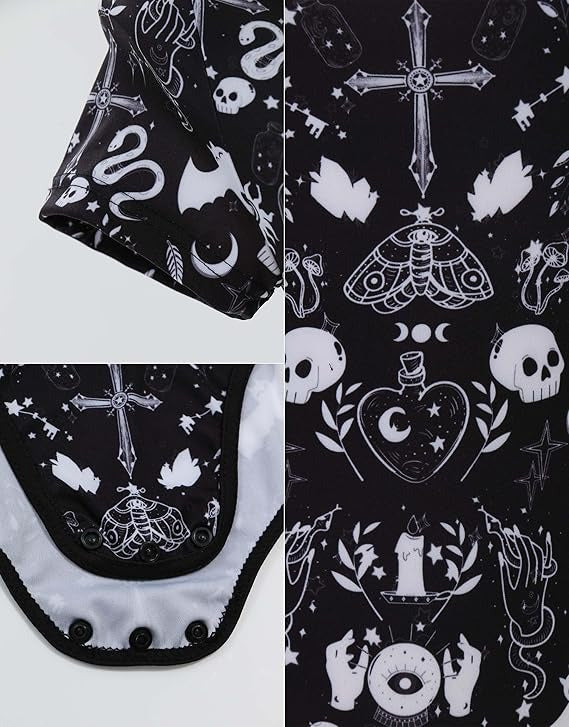 Close-up of Spooky Season Onesie, soft fabric, black and white cutecore and kawaii design, flirty ABDL & DDLG Halloween accessory