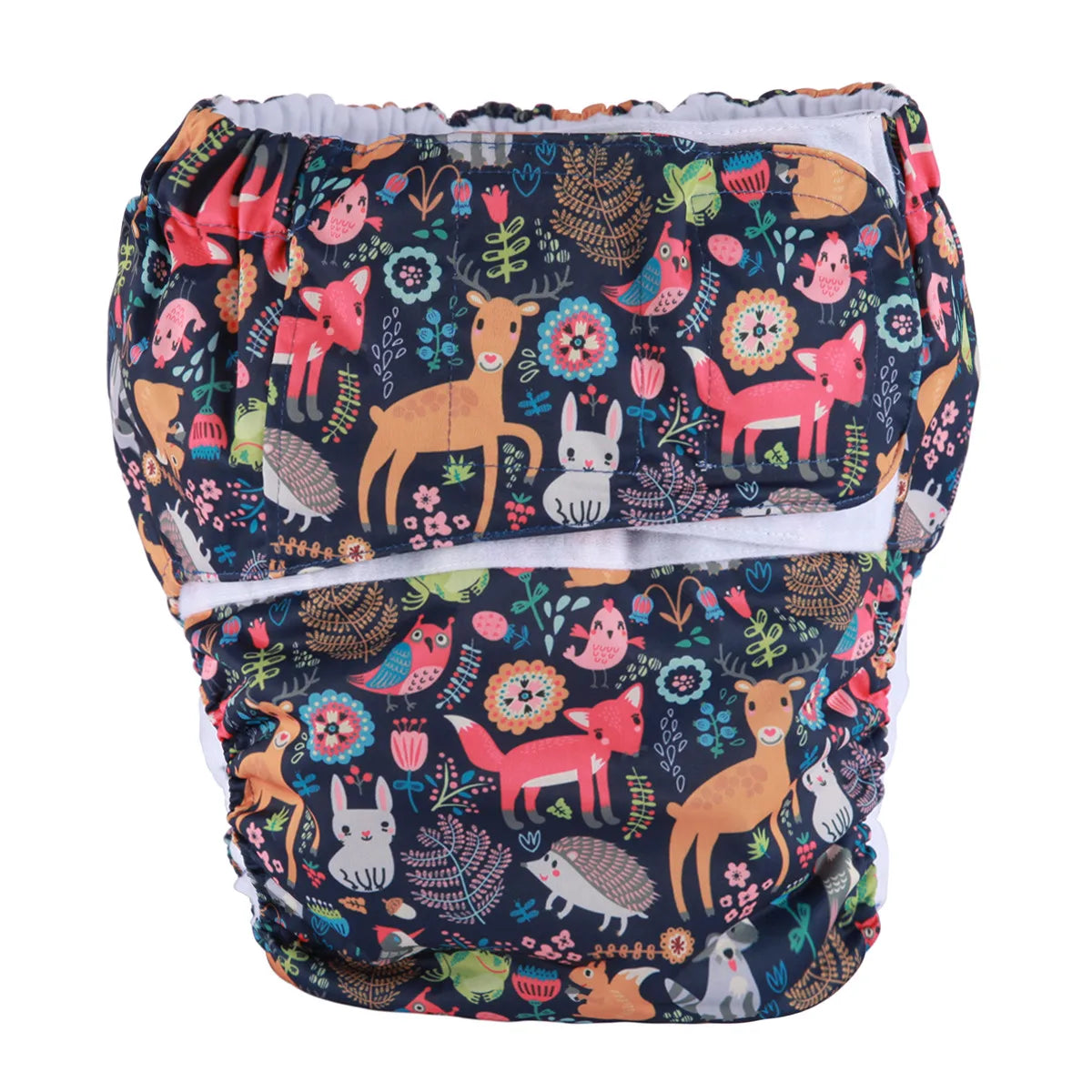 Starry forest animal ABDL diaper in navy blue with kawaii woodland critters and dreamy night sky for DDLG little space