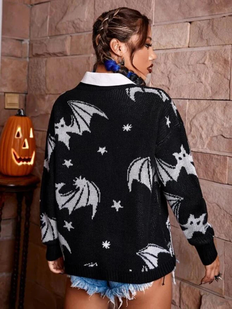 Back view of Starry Night Bat Sweater, black cozy oversized pullover with celestial starry night design, spooky-cute goth aesthetic β¨π€