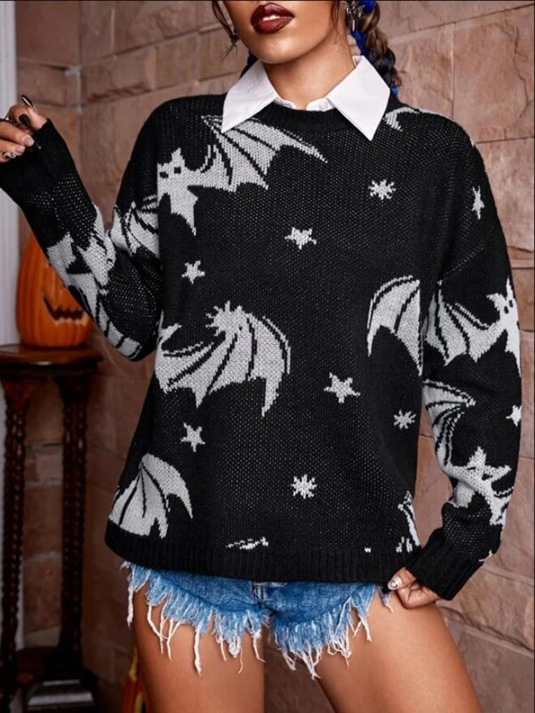 Close-up of Starry Night Bat Sweater print, flying bat and starry night details on black soft fabric, spooky-cute kawaii aesthetic π