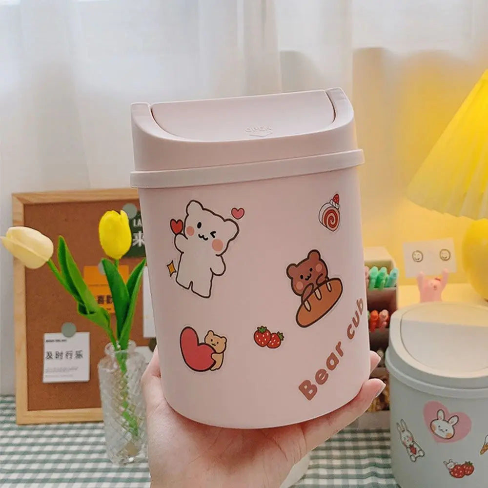 Sticker Bear Mini Trash Can decorated with colorful stickers, perfect for personalized kawaii
