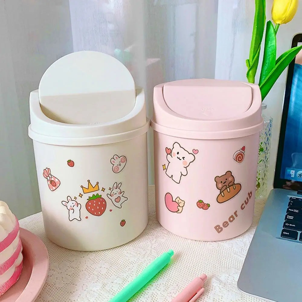 Pastel yellow Sticker Bear Mini Trash Can, cute bear design and lightweight for desk or vanity