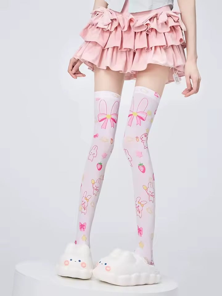 Strawberry Bunny Stockings with pastel bowknot design for kawaii cutecore fashion