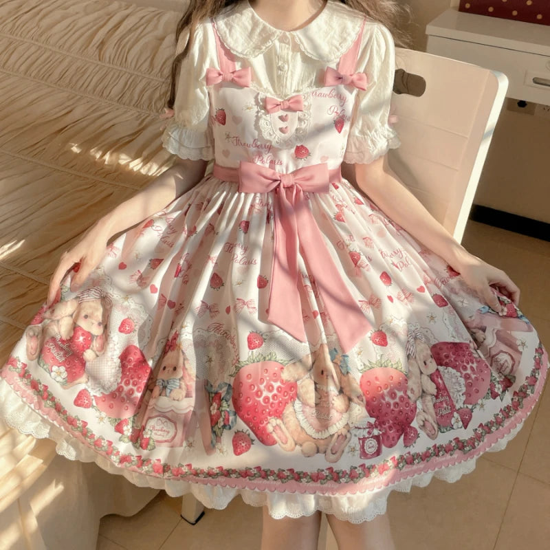Strawberry print lolita dress with Bunnycore style, soft breathable fabric, and flattering silhouette