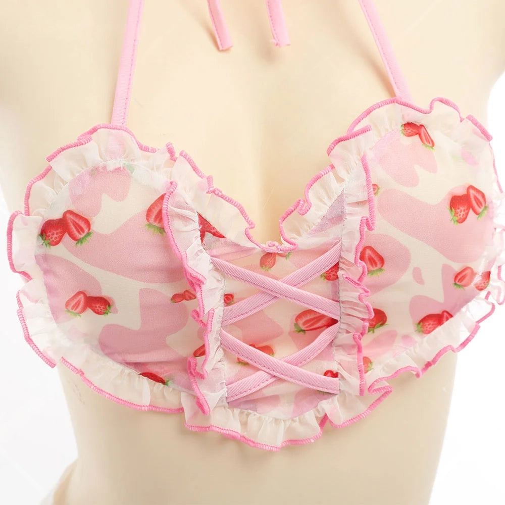 Strawberry Milkshake Maid Set kawaii cutie cosplay outfit with heart top, apron, thong, and adorable stockings perfect for DDLG ABDL