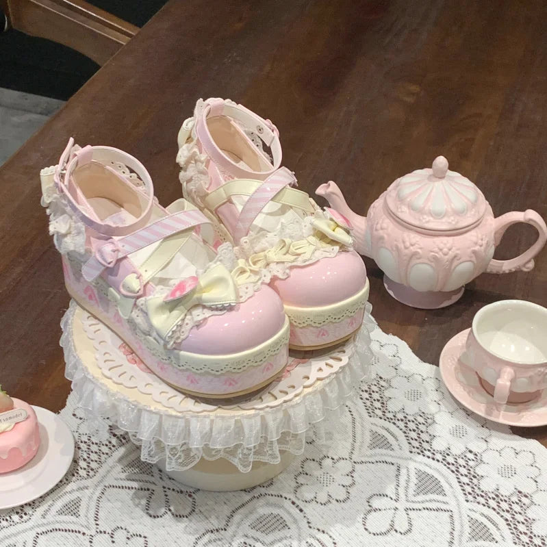 Strawberry Sugar Whip Platforms in pastel pink with lace, heart accents, and fairycore charm for kawaii, DDLG, and pastelcore fashion