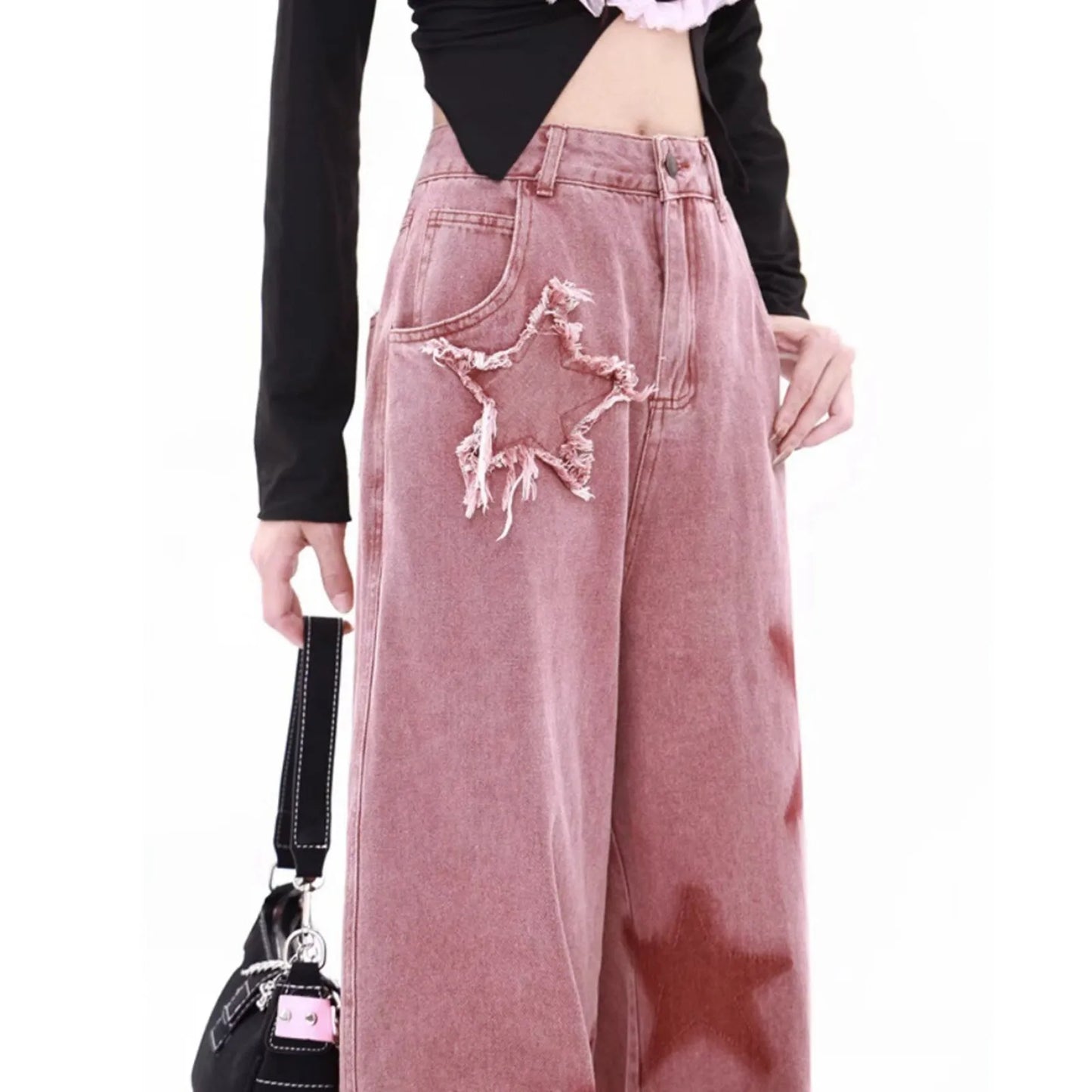 Stretchy star-print pink jeans for abdl ddlg kawaii fashion and comfort