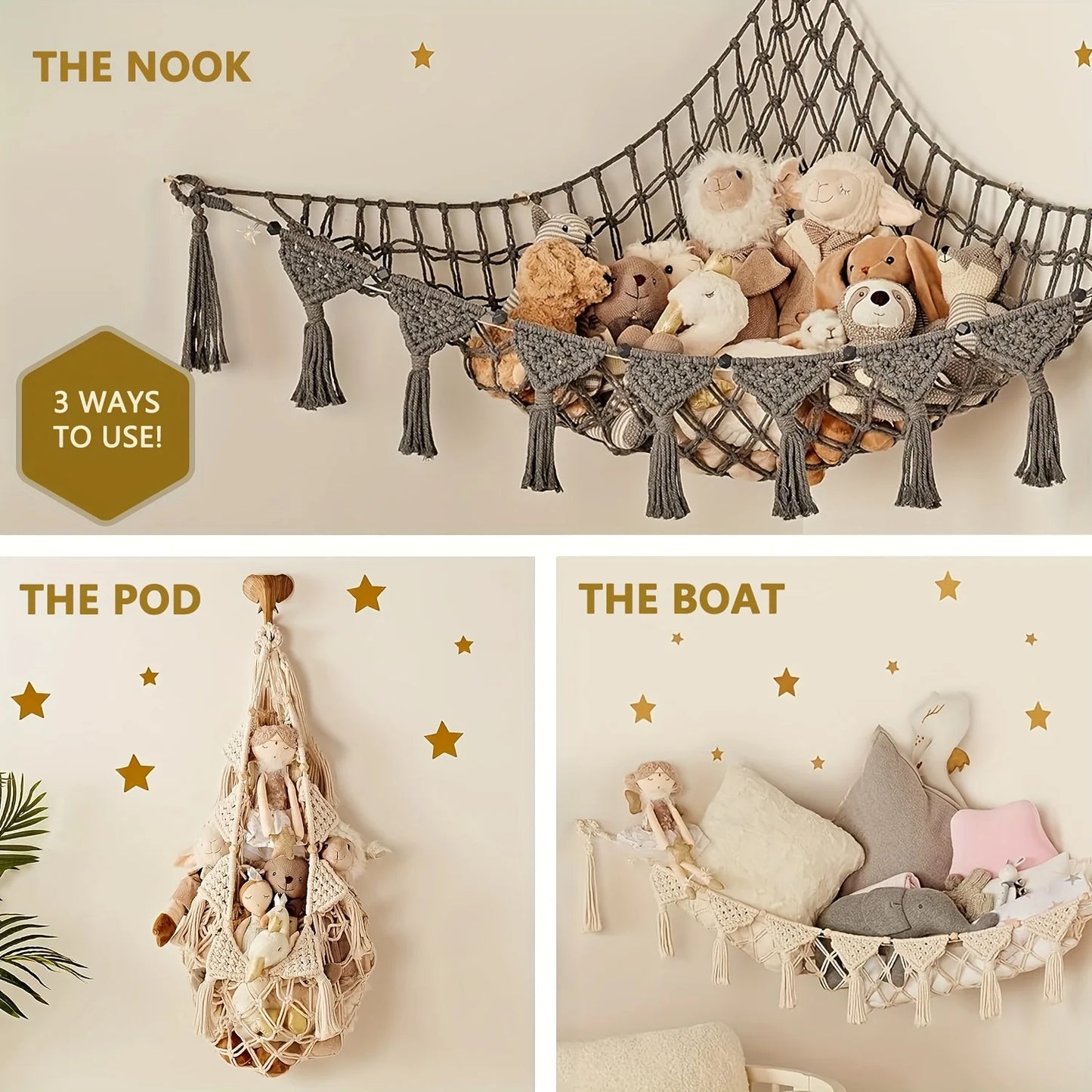 stuffed animal storage hammock in bedroom corner keeping plushies organized and playful