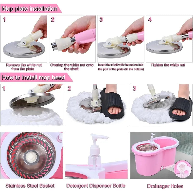 Stylish pretty pink spin mop and bucket set featuring bonus microfiber mop heads for cleaning